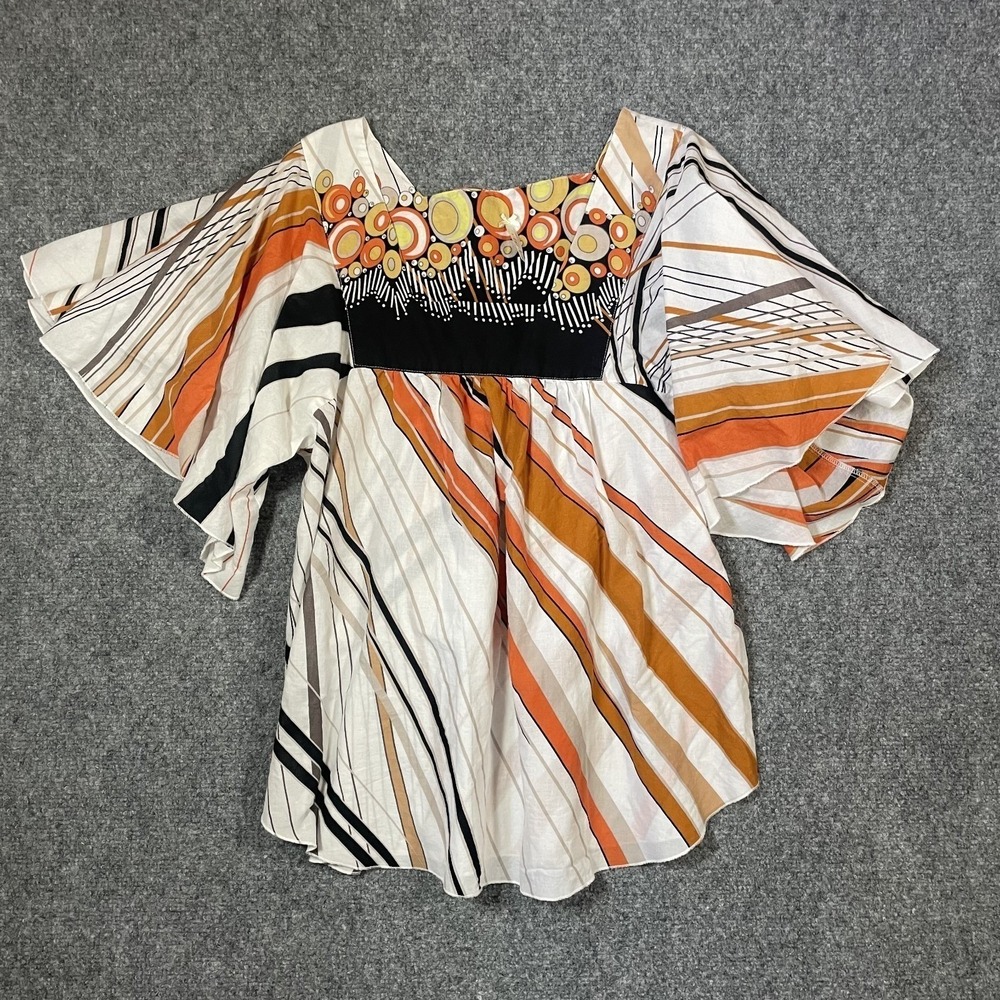 Lapis Peasant Tunic Top Sz Medium Geometric Print Artsy Shirt Dramatic Sleeves